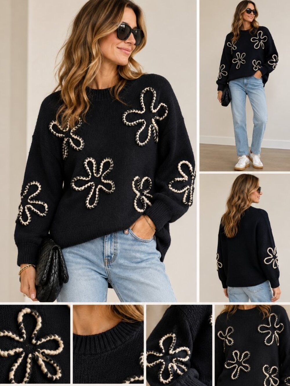 Emory Park Black Floral Appliqué Oversized Knit Sweater”